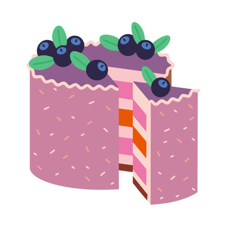 Cute sliced cake with blueberries. Colorful delicious desserts with berries, cream, festive decor...