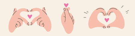 Gestures set, Hands making Heart shape, love sign. Gesturing human arms. Trendy modern vector illustration isolated on white background, hand drawn, flat design.のイラスト素材
