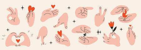Hands gestures set. Gesturing human arms holding Heart, fire and flower, showing peace and OK sign, indicating the direction. Trendy modern vector isolated illustration, hand drawn, flat design.のイラスト素材