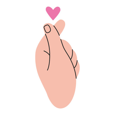 Hand gesture, K-Heart, crossed thumb and index finger make a heart, love sign. Gesturing human arm. Trendy modern vector illustration isolated on white background, hand drawn, flat design.のイラスト素材