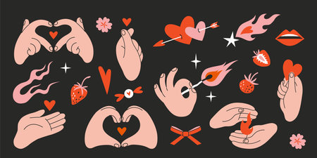 Hands gestures and Romantic objects set. Gesturing human arms making Heart shape, holding fire and a match. Happy Valentines Day concept. Trendy modern vector illustration, hand drawn, flat design.のイラスト素材