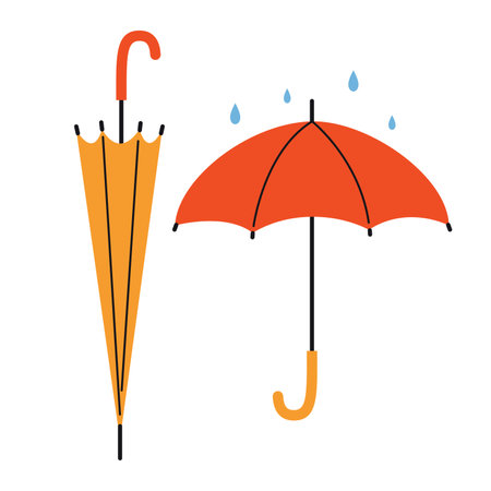 Closed and open umbrellas. Protection from rain and bad weather. Trendy modern vector illustration isolated on white background, hand drawn, flat design.のイラスト素材