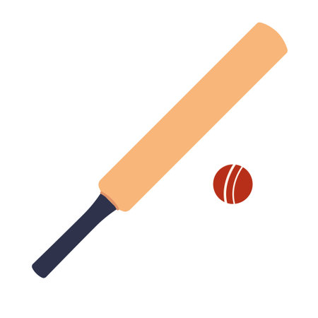 Lapta or cricket bat and red striped ball. Simple sports equipment design for traditional games and athletic themes. Modern vector illustration isolated on white background, hand drawn, flat design.のイラスト素材