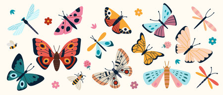 Colorful set of summer butterflies, dragonflies, bees and flowers. Trendy modern vector illustration isolated on white background, hand drawn, flat design.のイラスト素材