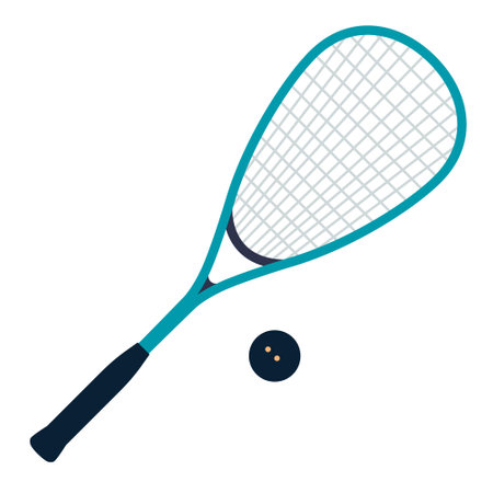 Squash racket and ball. Simple sports equipment design for racket games and athletic club themes. Modern vector illustration isolated on white background, hand drawn, flat design.のイラスト素材