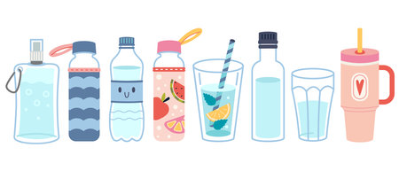 Reusable water bottles and glasses for takeaway drink set, hydration and eco friendly zero waste lifestyle. Trendy modern vector illustration isolated on white, hand drawn, flat design.のイラスト素材