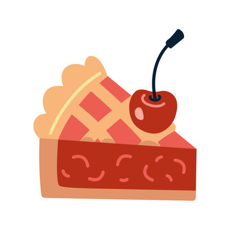 Slice of cherry pie with lattice crust and a cherry on top. Homemade baking. Trendy modern vector illustration isolated on white background, hand drawn, flat design.のイラスト素材