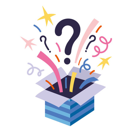 Mystery blind box bursting with colorful confetti and question mark, surprise gifts or unknown rewards. Trendy modern vector illustration isolated on white background, hand drawn, flat design.のイラスト素材