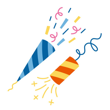 Two festive poppers bursting with confetti and sparkles. Party celebration and joyful event concept. Trendy modern vector illustration isolated on white background, hand drawn, flat design.のイラスト素材