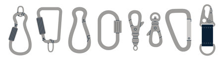 Set of metallic carabiners, clips and snap hooks for bags and keychains. Trendy modern vector illustration isolated on white background, hand drawn, flat design.のイラスト素材