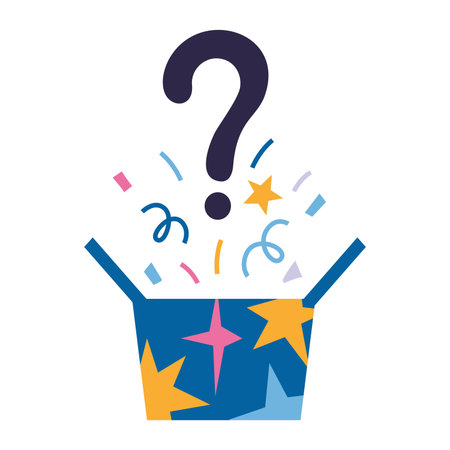Mystery blind box bursting with confetti and question mark, surprise gifts or unknown rewards. Trendy modern vector illustration isolated on white background, hand drawn, flat.のイラスト素材