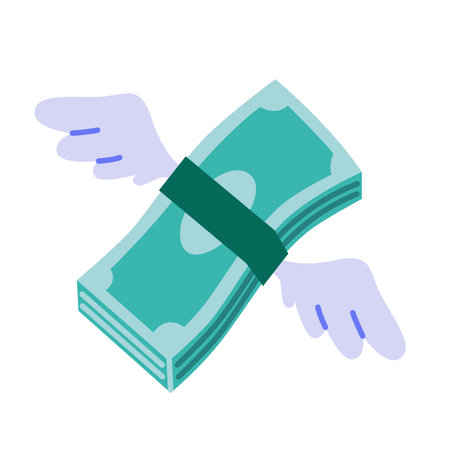 Stack of money with wings, symbolizing spending, lost funds or fast financial movement and takeoff. Trendy modern vector illustration isolated on white background, hand drawn, flat design.のイラスト素材