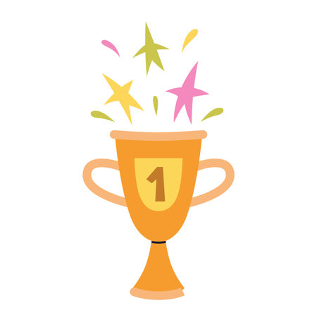 Golden trophy cup with bright confetti and stars. Victory, achievement and success in sports or competition. Trendy modern vector illustration isolated on white background, hand drawn, flat design.のイラスト素材