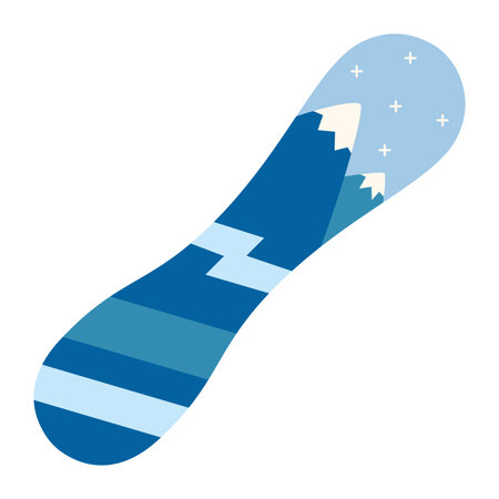 Blue snowboard with mountain pattern, winter sport equipment. Modern vector illustration isolated on white background, hand drawn, flat design.のイラスト素材