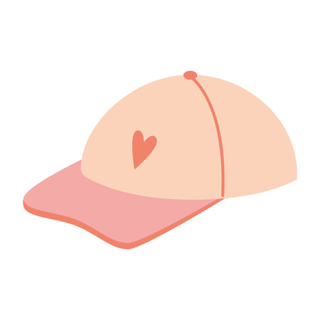 Beige and pink baseball cap with heart print. Stylish sporty accessory for casual looks. Trendy modern vector illustration isolated on white background, hand drawn, flat design.のイラスト素材