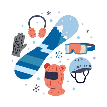 Snowboarding equipment set with board, gloves, helmet, goggles and accessories warm. Winter sport gear. Trendy modern vector illustration isolated on white background, hand drawn, flat design.のイラスト素材