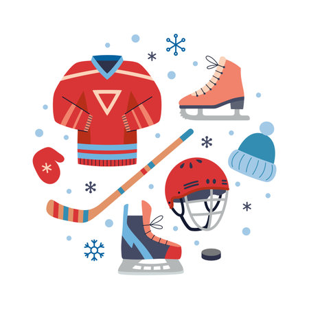 Ice Skating and Hockey equipment set with jersey, helmet, skates, stick and puck. Winter sport gear. Trendy modern vector illustration isolated on white background, hand drawn, flat design.のイラスト素材
