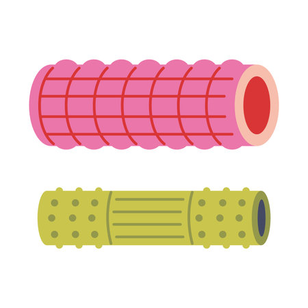 Set of colorful foam rollers for fitness and massage recovery. Modern vector illustration isolated on white background, hand drawn, flat design.のイラスト素材