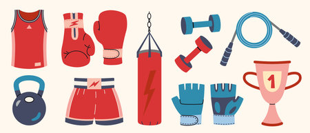 Boxing gear collection with gloves, punching bag, shorts, dumbbells, rope and trophy. Trendy modern vector illustration isolated on white background, hand drawn, flat design.のイラスト素材
