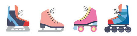 Set of ice skates and rollerblades for skating, sports, and recreation. Trendy modern vector...