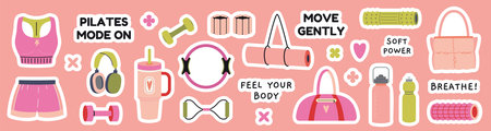 Pilates and gentle fitness sticker set. Slow movement, balance and body care concept. Workout clothes, mat, bottle, bag and motivational phrases. Trendy modern vector illustration, hand drawn, flat.のイラスト素材