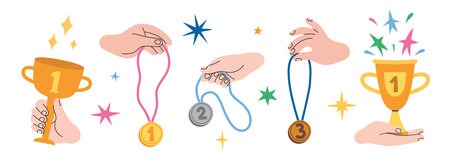 Set of trophies and medals held by hands with stars and decorative elements. Achievement and celebration concept. Modern vector illustration isolated on white, hand drawn, flat design.のイラスト素材