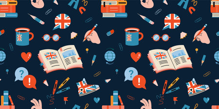 Seamless pattern about learning English with books, UK flags, notebooks, pencils and study icons. Language education and communication concept. Modern vector illustration on dark background.のイラスト素材