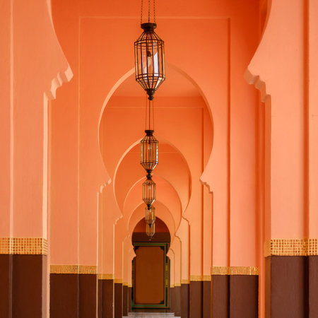 The lighting in the orange hallway. Perspective picture.の写真素材