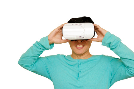 Asia man wearing virtual reality on white background.
