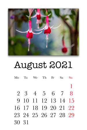 Calendar card for the month of August 2021