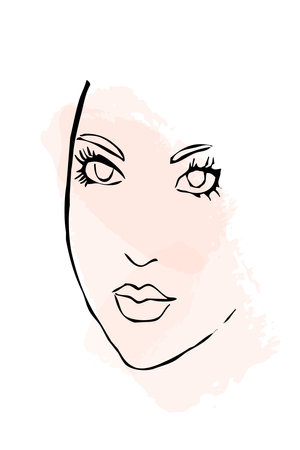 Fashionable printable card. For use on cover, wallpaper, postcard, wall art. Woman linear illustrationの写真素材