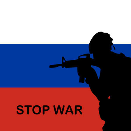 The inscription Stop War on the background of the Russian flag. Red, blue, white and black color