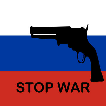 The inscription Stop War on the background of the Russian flag. Red, blue, white and black color
