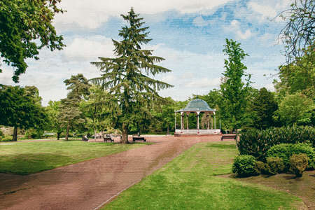 Watercolor painting on canvas. May 13, 2022 West Park Wolverhampton, UK, Europe. Landscape on a...