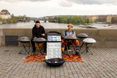 Prague Czech Republic April 26, 2022. Music group on the Charles Bridge.