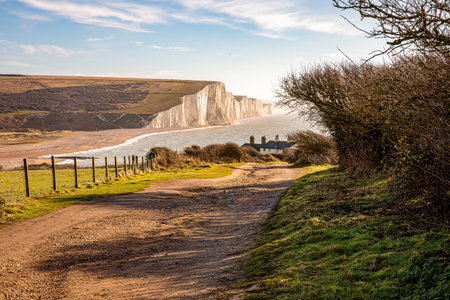February 2, 2022. Landscape by the sea. View of the Seven Sisters white cliffs. South Downs National Park. East Sussex England Great Britainの写真素材
