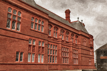 Watercolor painting on canvas. Cardiff Wales United Kingdom, Europe. Travel illustration. Architecture of the city.の写真素材