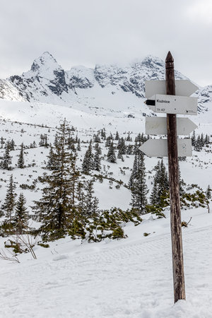 April 21, 2022 Zakopane Poland. Beautiful landscape in the Tatras. Information board on the trail for tourists.のeditorial素材