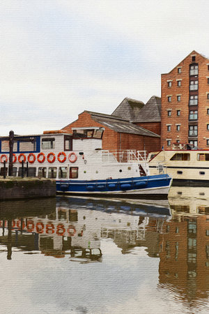 Watercolor painting on canvas. Gloucester Gloucestershire Great Britain, Europe. Travel...