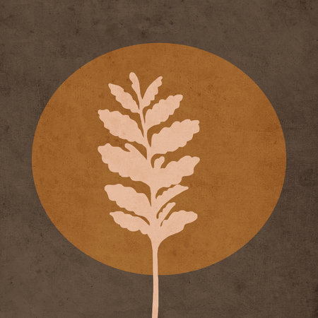 Printable trendy botanical card. Use for cover, wallpaper, wall art. Brown color. Vintage, grunge, old.の写真素材