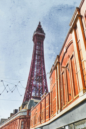 Watercolor painting on canvas. Blackpool England. Travel illustration.の写真素材