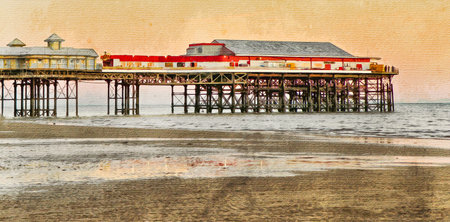 Watercolor painting on canvas. Blackpool England. Travel illustration.の写真素材