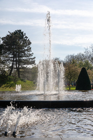 April 14, 2022 Lisse, The Netherlands. Beautiful public garden with spring flowers blooming. Popular tourist site.のeditorial素材