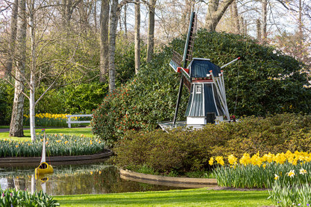 April 14, 2022 Lisse, The Netherlands. Beautiful public garden with blooming spring flowers. Popular tourist site.のeditorial素材