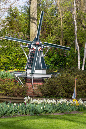April 14, 2022 Lisse, The Netherlands. Beautiful public garden with blooming spring flowers. Popular tourist site.のeditorial素材