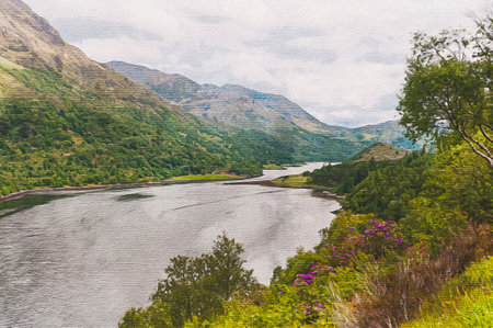 Watercolor painting on canvas. Travel illustration. Scotland, Great Britain, Europe. Mountain...