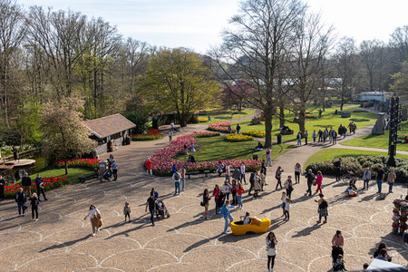 April 14, 2022 Lisse, The Netherlands. Beautiful public garden with spring flowers blooming.のeditorial素材