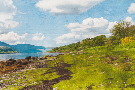 Watercolor painting on canvas. Travel illustration. Scotland, Great Britain, Europe. Mountain landscape.の写真素材