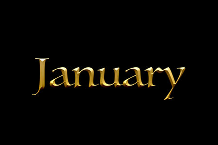 Golden 3D lettering on a black background. 3D rendering. month name .の写真素材