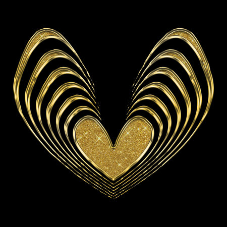 Gold 3D icon on black background. 3D rendering. Heart - a symbol of Valentine's Dayの写真素材